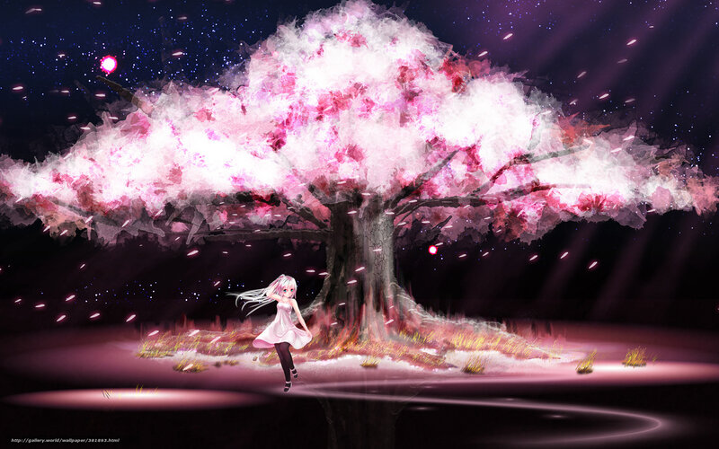 Anime girl under cherry blossom tree