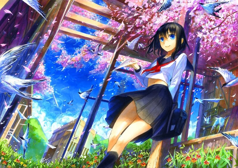 Anime girl under cherry blossoms