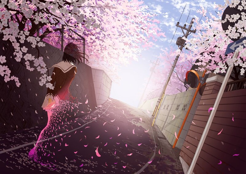 Anime girl under cherry blossoms