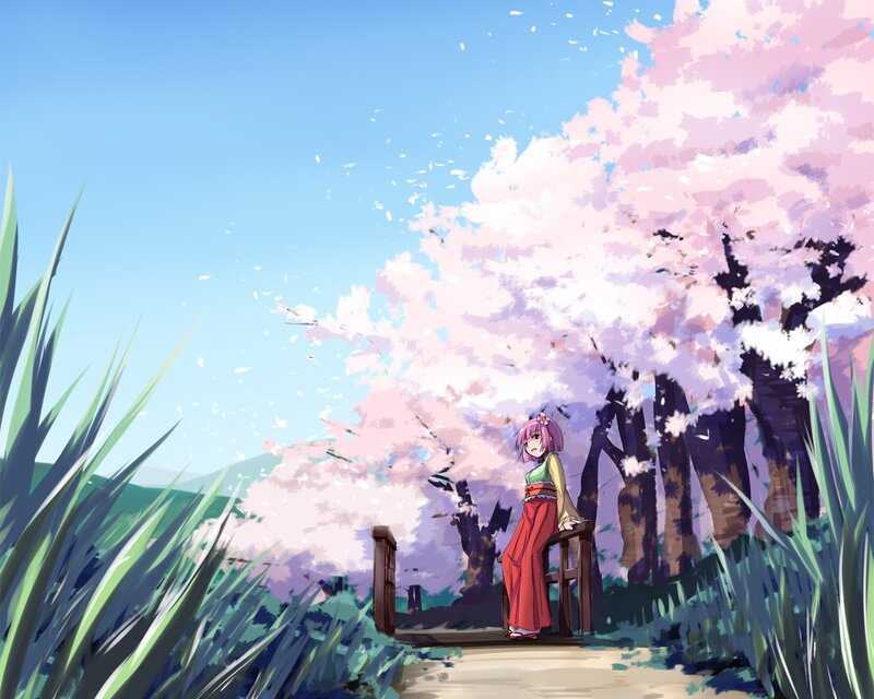 Anime girl under cherry blossoms