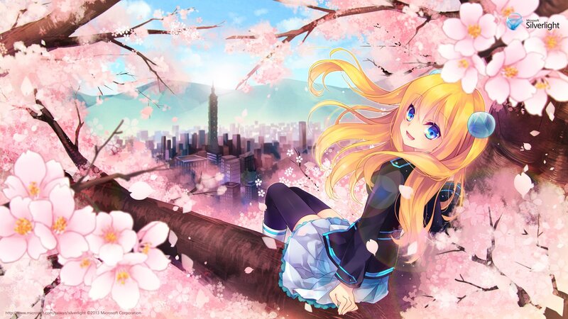 Anime girl under cherry blossoms