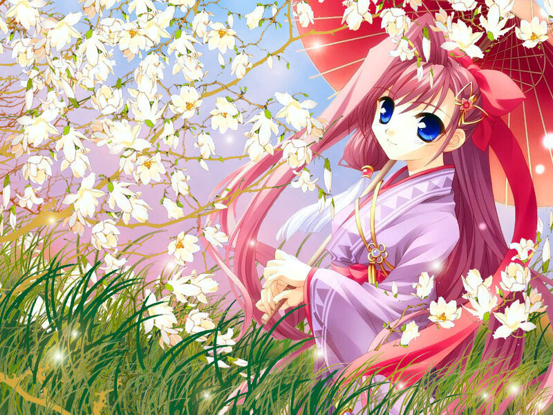 Anime girl under cherry blossoms