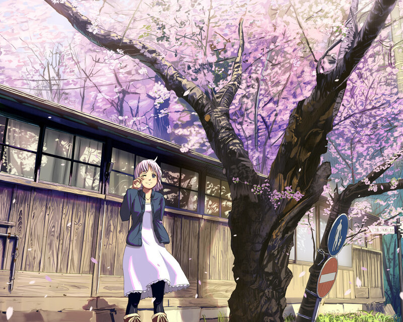 Anime girl under cherry blossoms