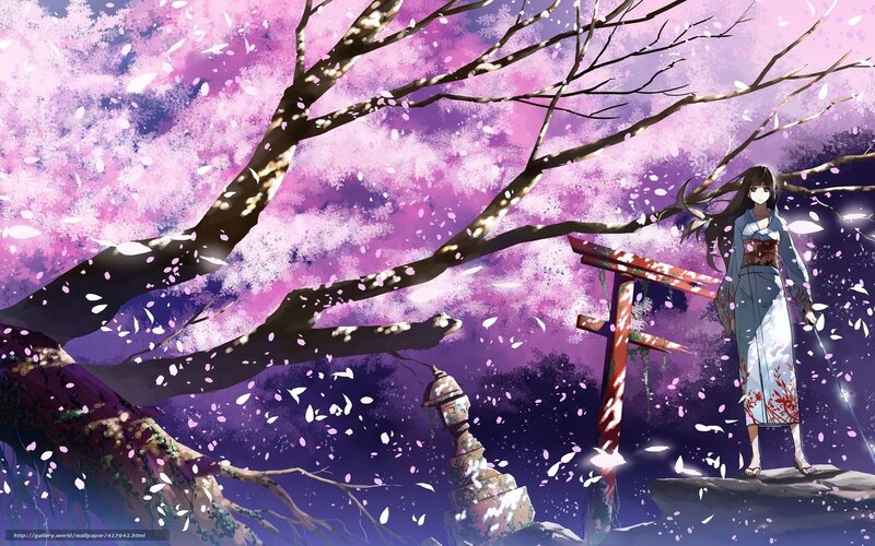 Anime girl under cherry blossoms