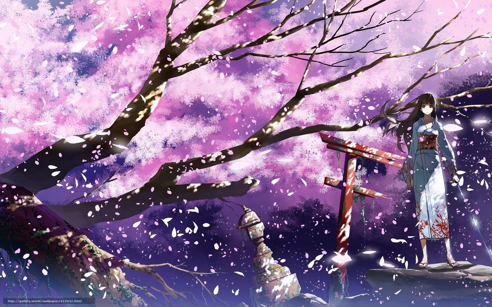 Anime girl under cherry blossoms