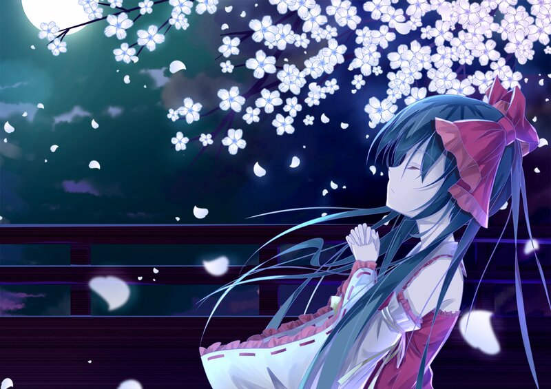 Anime Girl under Cherry Blossoms — Blue, Serene, Night