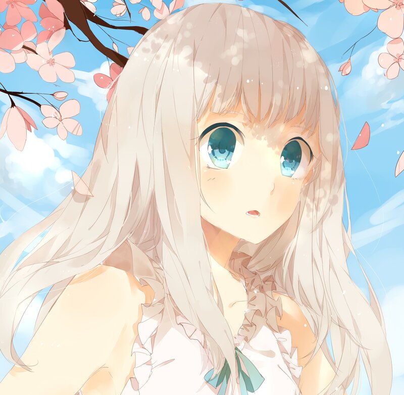 Anime Girl under Cherry Blossoms — Blue, Serene