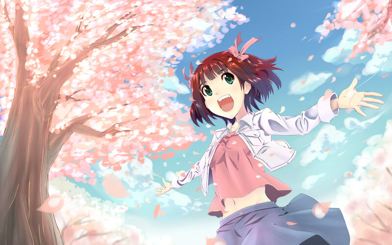 Anime Girl under Cherry Blossoms — Pink, Joyful