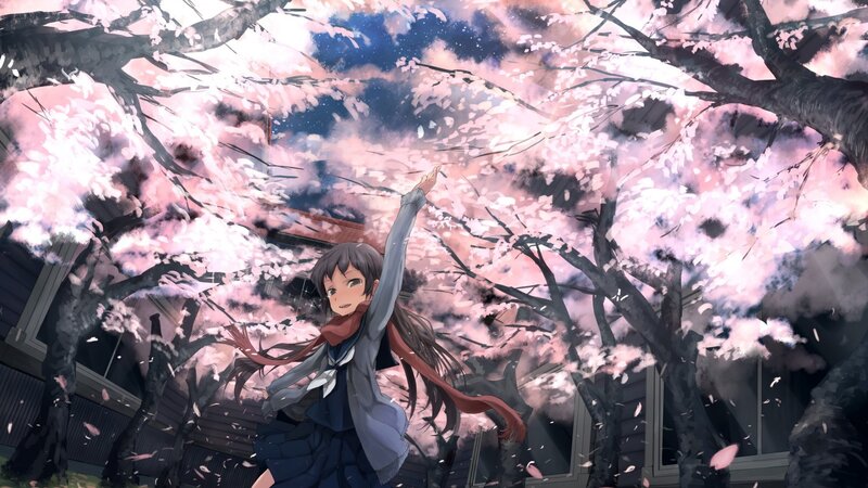 Anime Girl under Cherry Blossoms — Pink, Serene, Spring, Cherry Blossoms, School Uniform