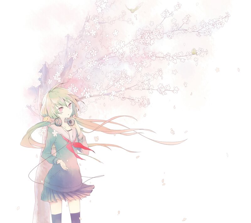 Anime Girl under Cherry Blossoms — Pink, Serene, Spring, Digital Art, Cherry Blossoms, Bird