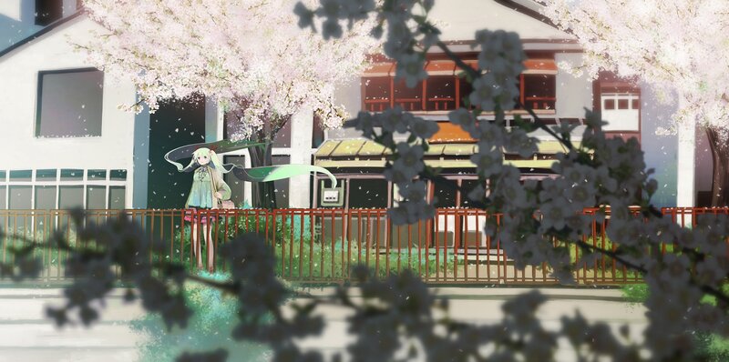 Anime Girl under Cherry Blossoms — Pink, Serene, Spring, Digital Art, Cherry Blossoms, Building