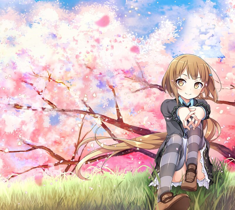Anime Girl under Cherry Blossoms — Pink, Serene, Spring, Digital Art, Cherry Blossoms, Grass