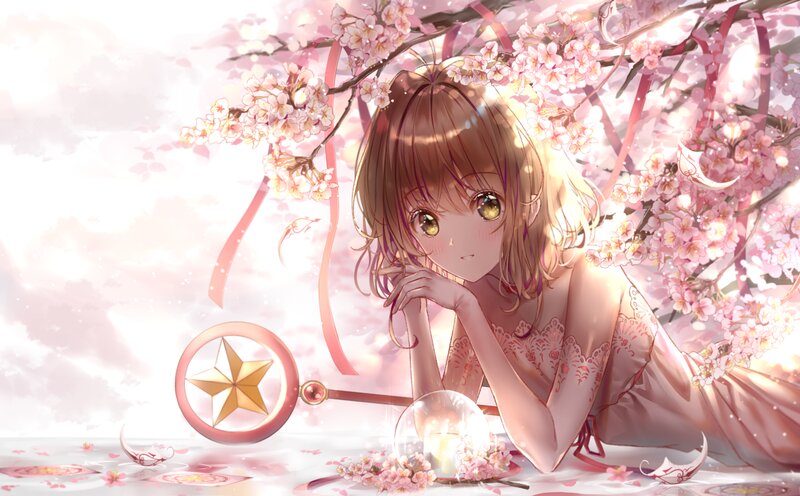 Anime Girl under Cherry Blossoms — Pink, Serene, Spring, Digital Art, Cherry Blossoms, Magic Wand