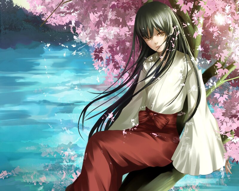 Anime Girl under Cherry Blossoms — Pink, Serene, Spring, Digital Art, Cherry Blossoms, River