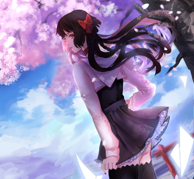 Anime Girl under Cherry Blossoms — Pink, Serene, Spring, Digital Art, Cherry Blossoms, Skirt