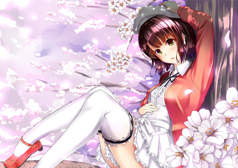 Anime Girl under Cherry Blossoms — Pink, Serene, Spring, Digital Art, Cherry Blossoms, Tree Trunk