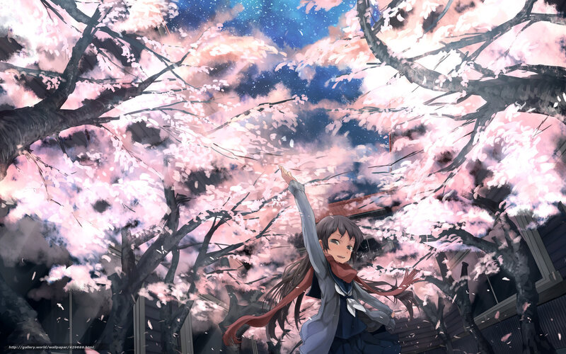 Anime Girl under Cherry Blossoms — Pink, Serene, Spring, Digital Art, Cherry Blossoms, Trees