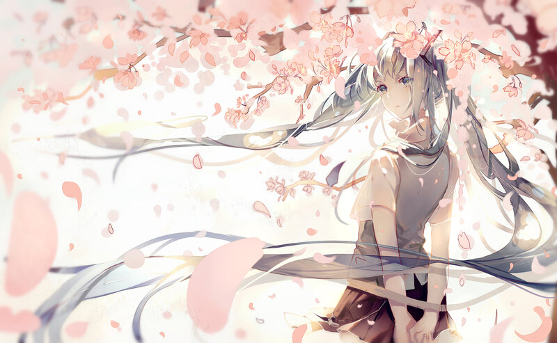 Anime Girl under Cherry Blossoms — Pink, Serene, Spring, Digital Art, Cherry Blossoms, Wind