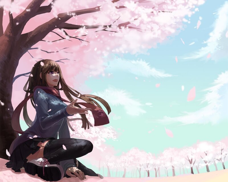 Anime Girl under Cherry Blossoms — Pink