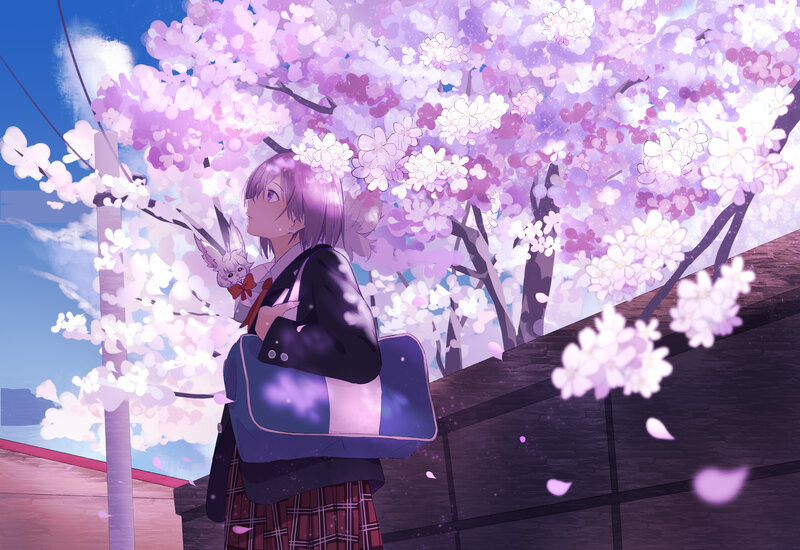 Anime Girl under Cherry Blossoms — Purple, Serene, Spring, Digital Art, Cherry Blossoms, School Uniform