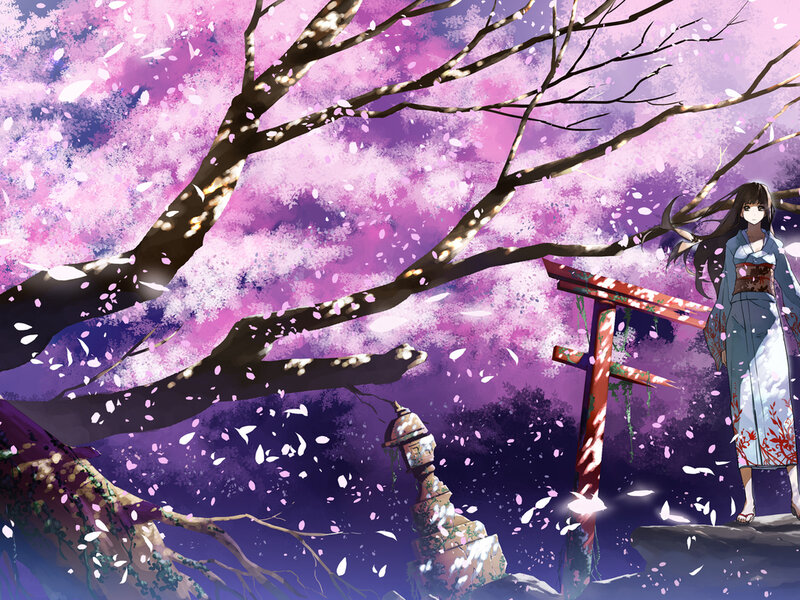 Anime Girl under Cherry Blossoms — Purple, Serene