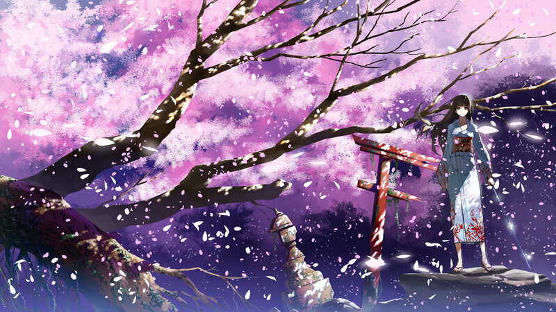 Anime Girl under Cherry Blossoms — Purple