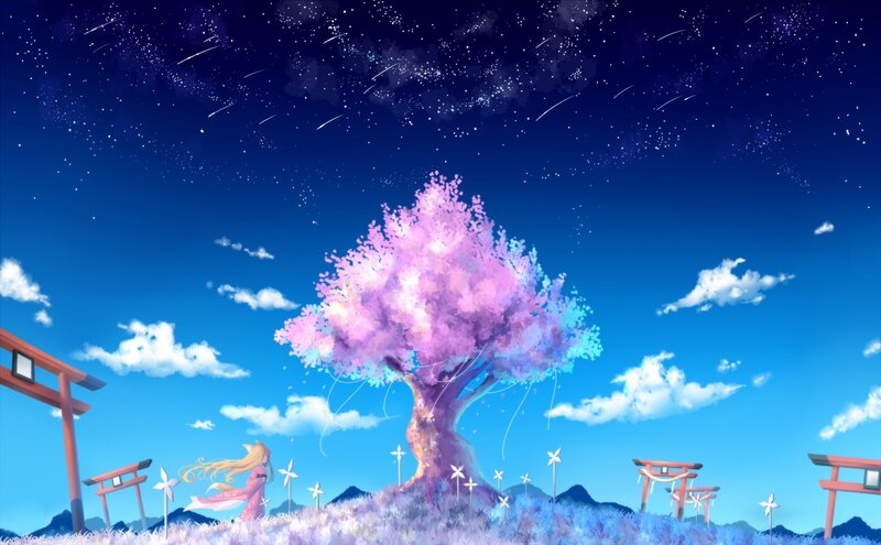 Anime Girl under Cherry Tree — Blue