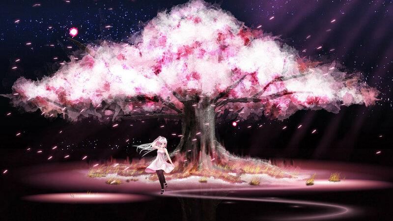 Anime Girl under Cherry Tree — Pink, Dreamy