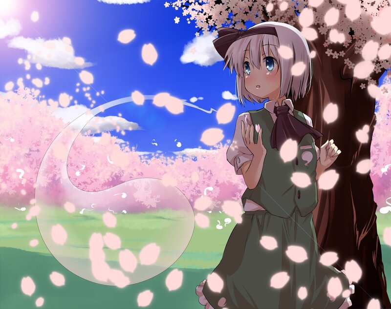 Anime Girl under Cherry Tree — Pink, Serene, Spring, Digital Art, Cherry Blossoms, Sky
