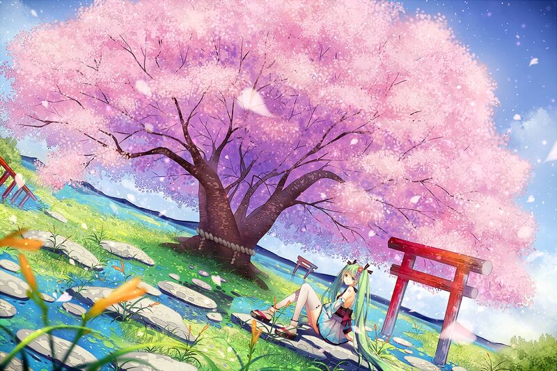 Anime Girl under Cherry Tree — Pink, Serene, Spring, Digital Art