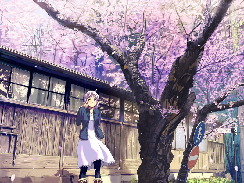 Anime Girl under Cherry Tree — Pink, Serene, Spring