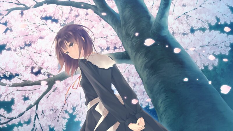 Anime Girl under Cherry Tree — Pink, Serene