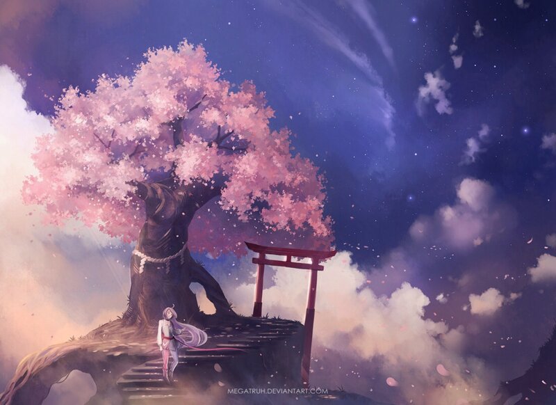 Anime Girl under Cherry Tree — Purple