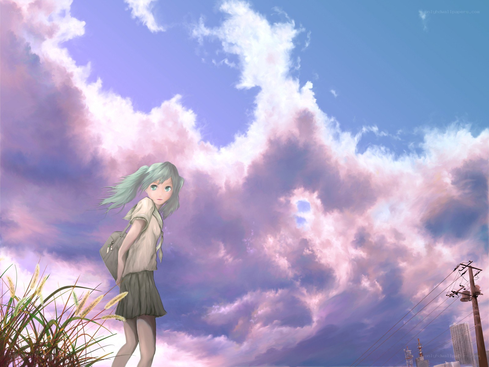 Anime girl under cloudy sky