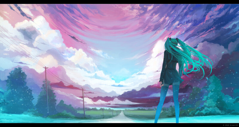 Anime girl under colorful sky
