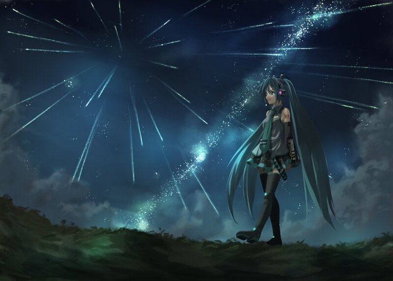 Anime Girl under Fireworks — Blue