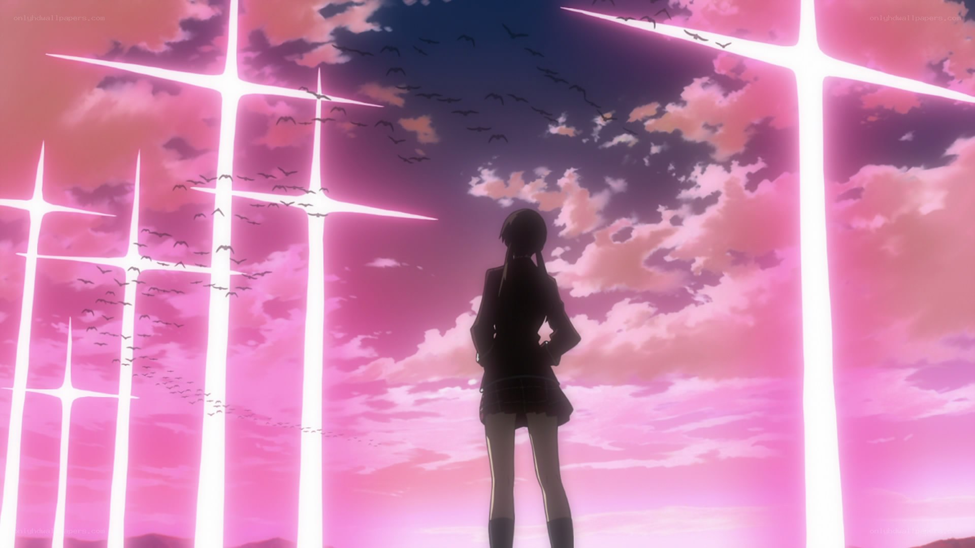 anime girl under glowing crosses