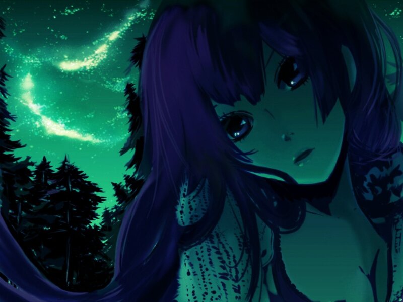 anime girl under green aurora