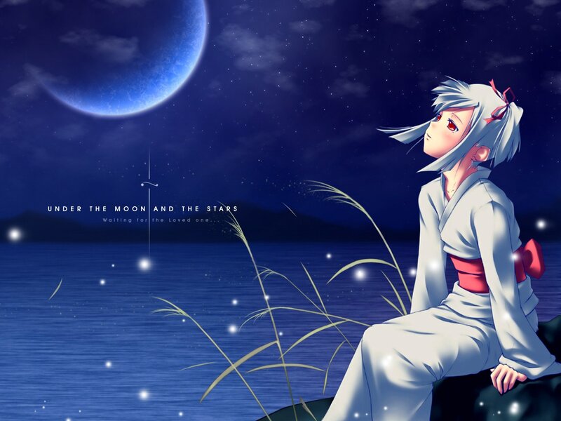 anime girl under moon and stars