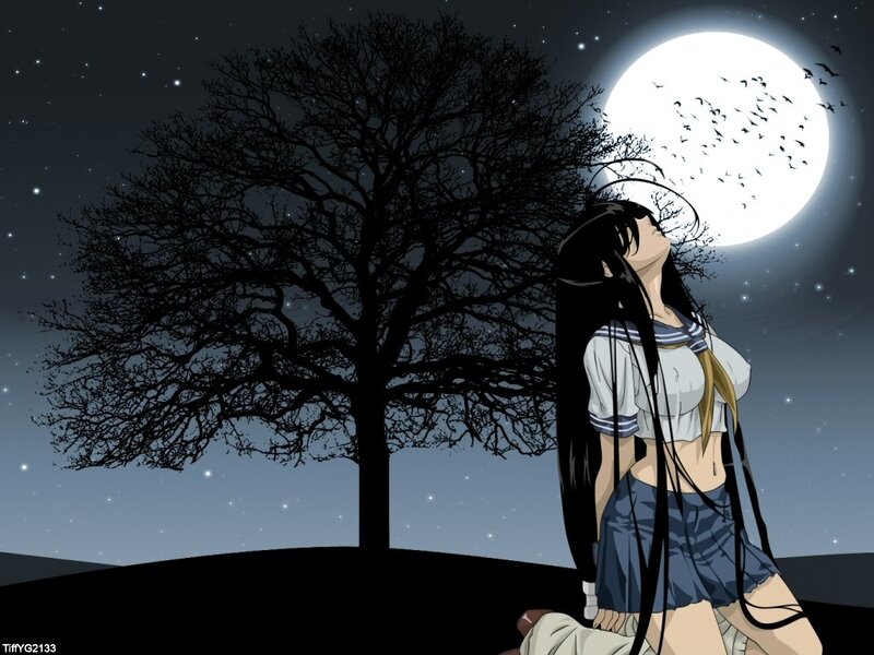 Anime Girl under Moon — Black