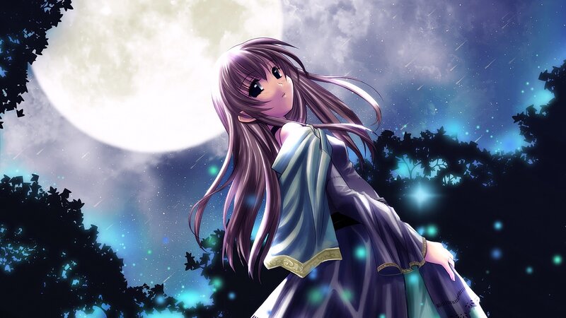 Anime Girl under Moon — Purple, Serene, Night, Digital Art