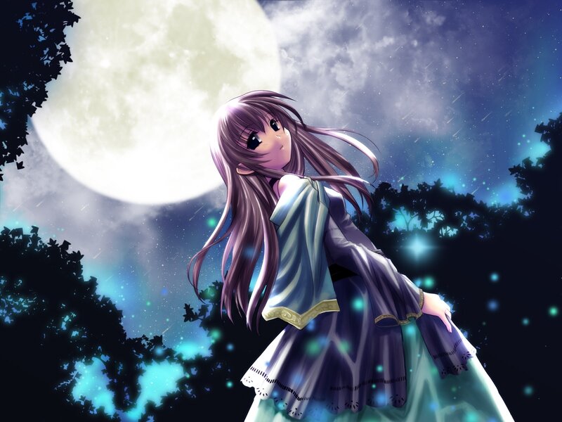Anime Girl under Moon — Purple, Serene