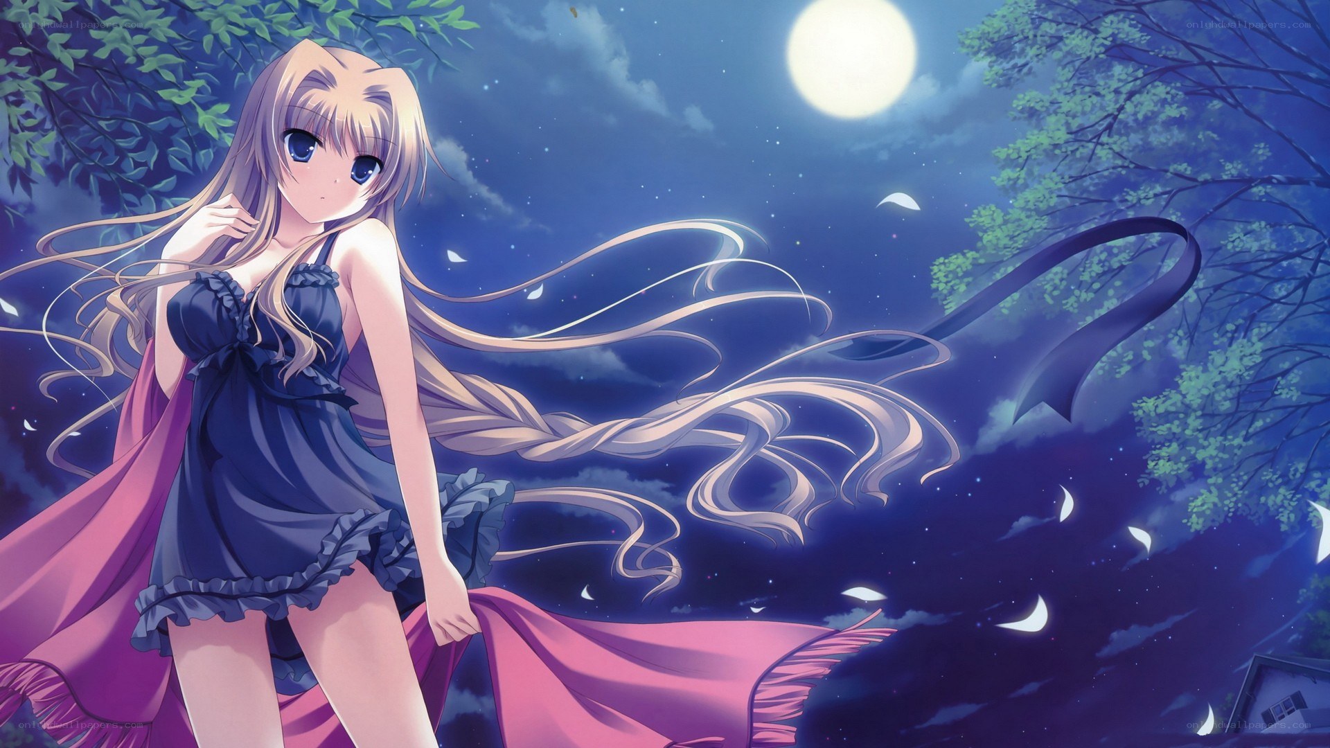 anime girl under moonlight