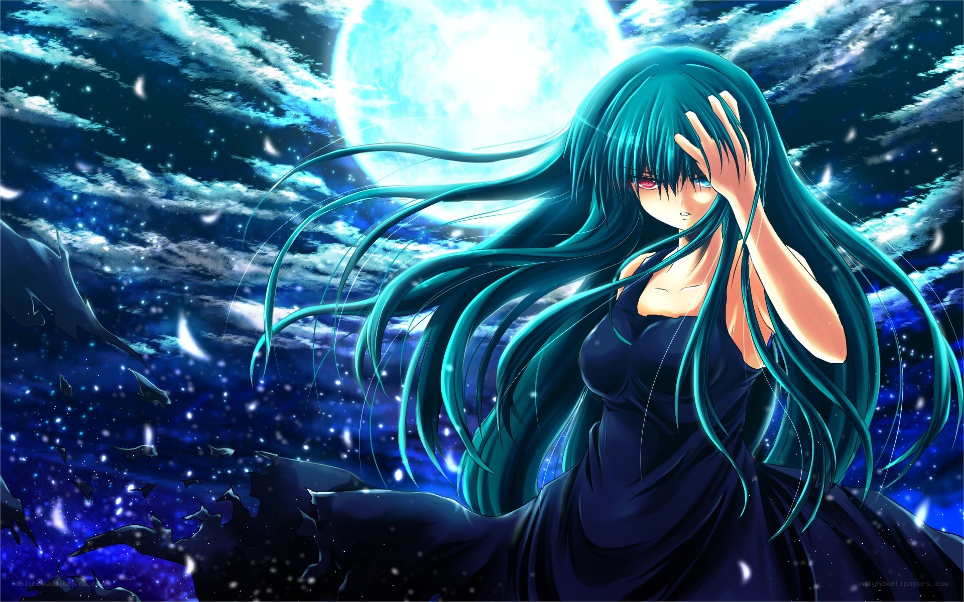 anime girl under moonlight