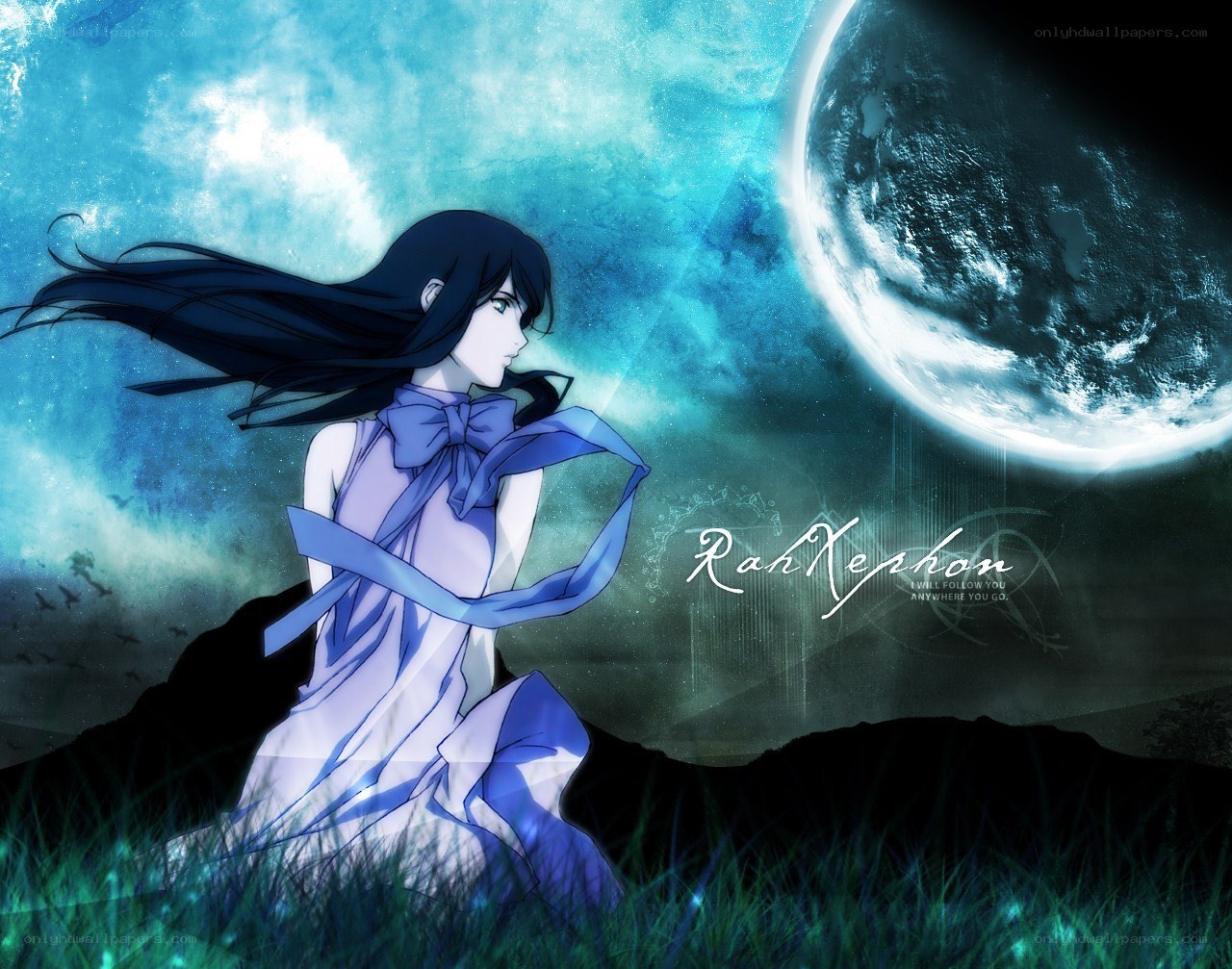 anime girl under moonlight