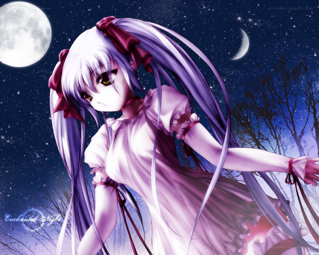 Anime girl under moonlight