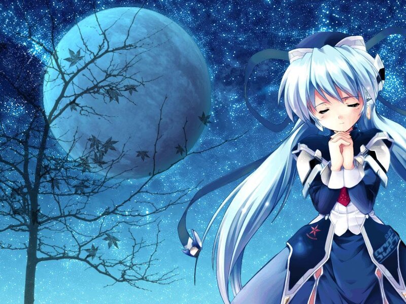 anime girl under moonlit sky