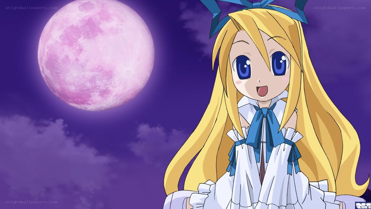 anime girl under pink moon