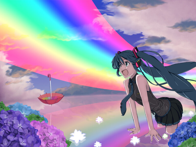 Anime girl under rainbow sky