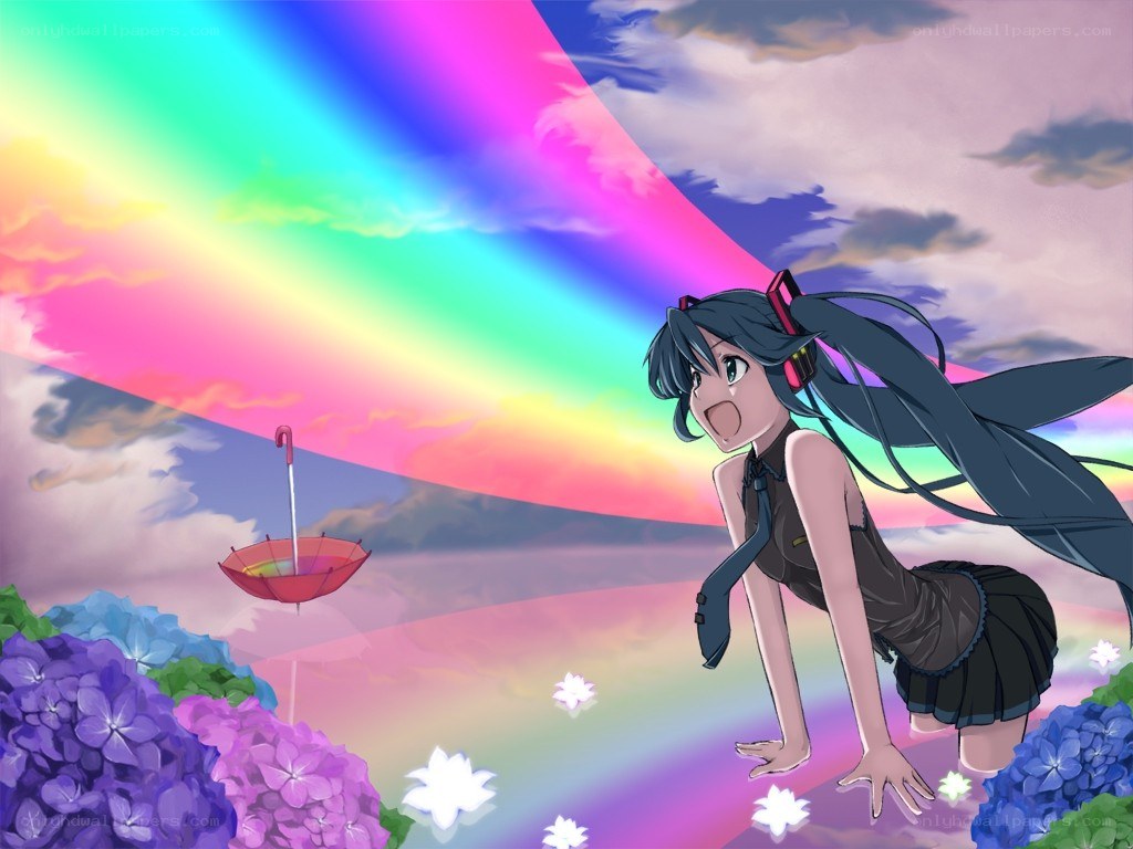 Anime girl under rainbow sky